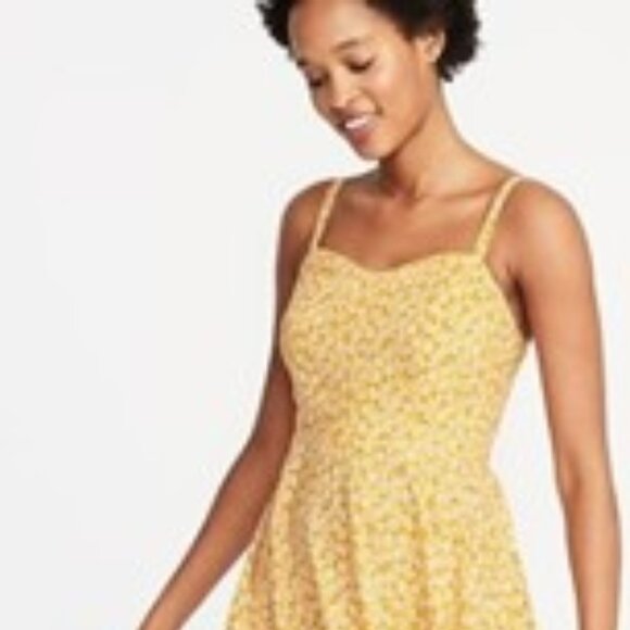 Old Navy Mustard ,navy & cream floral print.Fit & Flare Cami Dress sz xl - Picture 10 of 12